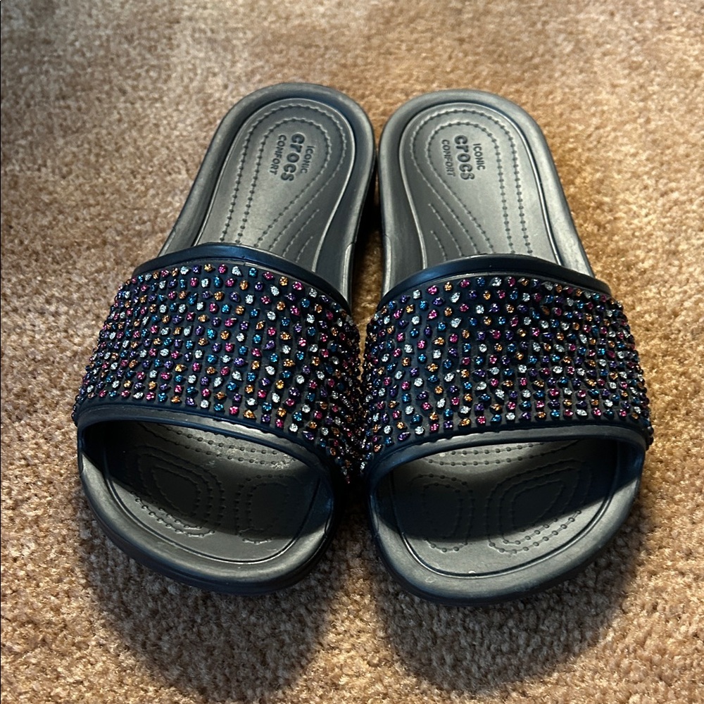 CROCS Black Sandals with Colorful Rhinestones